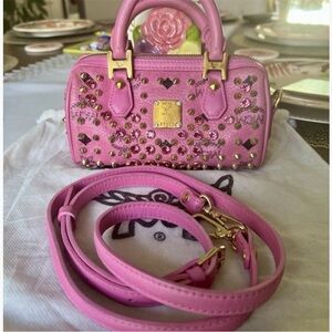 MCM Limited Edition Pink Shoulder Bag with Gold Studs & Swarovski Pink Stone.